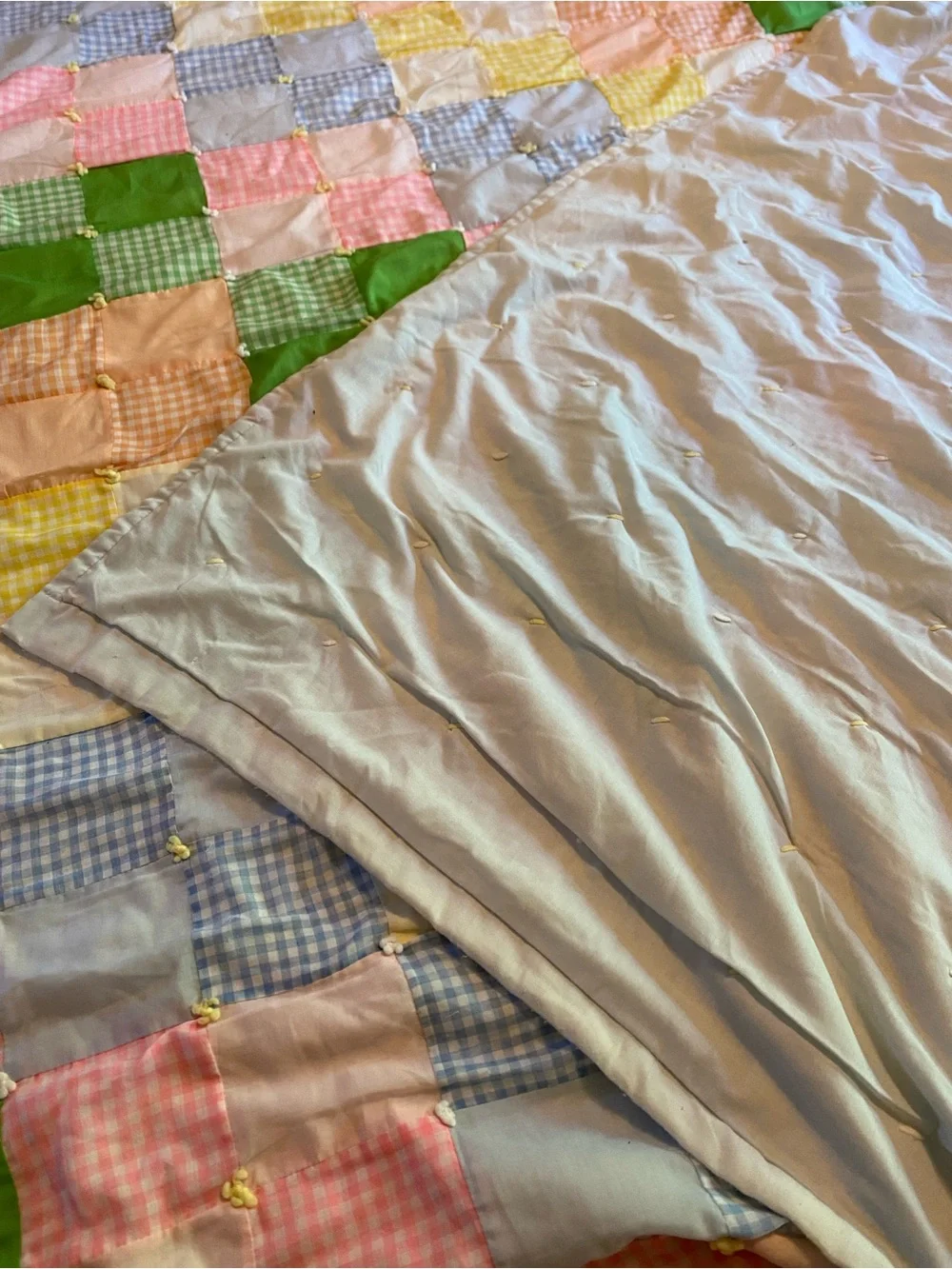 Vintage Handmade Pastel Gingham Patchwork Quilt